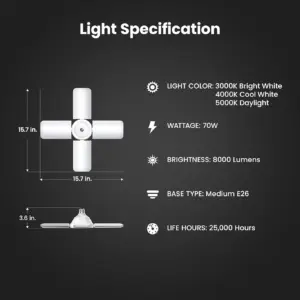 RRDWQ-Adjustable LED Garage Light | 3CCT Selectable White (Bright/Cool/Daylight) | 8000 Lumen | 90 Folding Panels | E26 Base | High-Output Panel for Attic | Basement | Workshop | ADJ8000/3CCT/LED