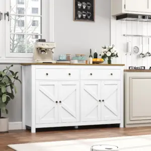 Homfa Modern Buffet Cabinet with 4 Drawers & 4 Doors | 59 W Sideboard Buffet Storage Cabinet with Shelves | for Kitchen Living Room Bedroom | White