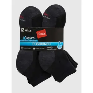 Hanes Men's Big and Tall Cushioned with Arch and Vent Ankle Socks | 12 Pack | Black | 12-14