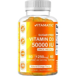 Vitamatic Sugar Free Vitamin D3 50,000 IU Weekly Supplement | 60 Pectin Based Gummies | Vitamin D Capsules for Bones | Teeth | & Immune Support