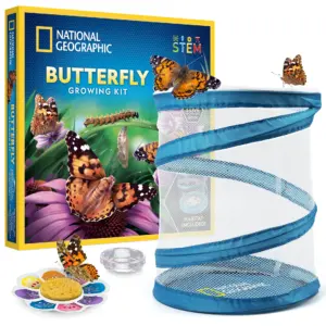NATIONAL GEOGRAPHIC Butterfly Growing Kit with Voucher to Redeem 5 Caterpillars ($10.95 S&H Not Included) | Butterfly Cage | Feeder | for Unisex Children