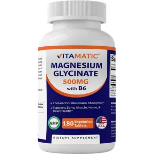 Vitamatic Magnesium Glycinate 500mg per Tablet | 180 Vegetarian Tablets (Uncoated) | Added B6 for Maximum Absorption
