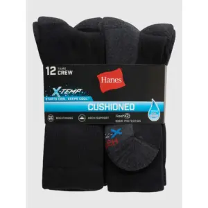 Hanes Mens X-Temp Big and Tall Cushioned with Arch and Vent Crew Socks | 12 Pack | Black | 12-14