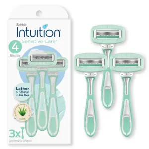 Schick Intuition Sensitive Care 4 Blade Disposable Womens Razors | 3 Ct | Lather and Shave Inch One Step | No Shave Gel Needed