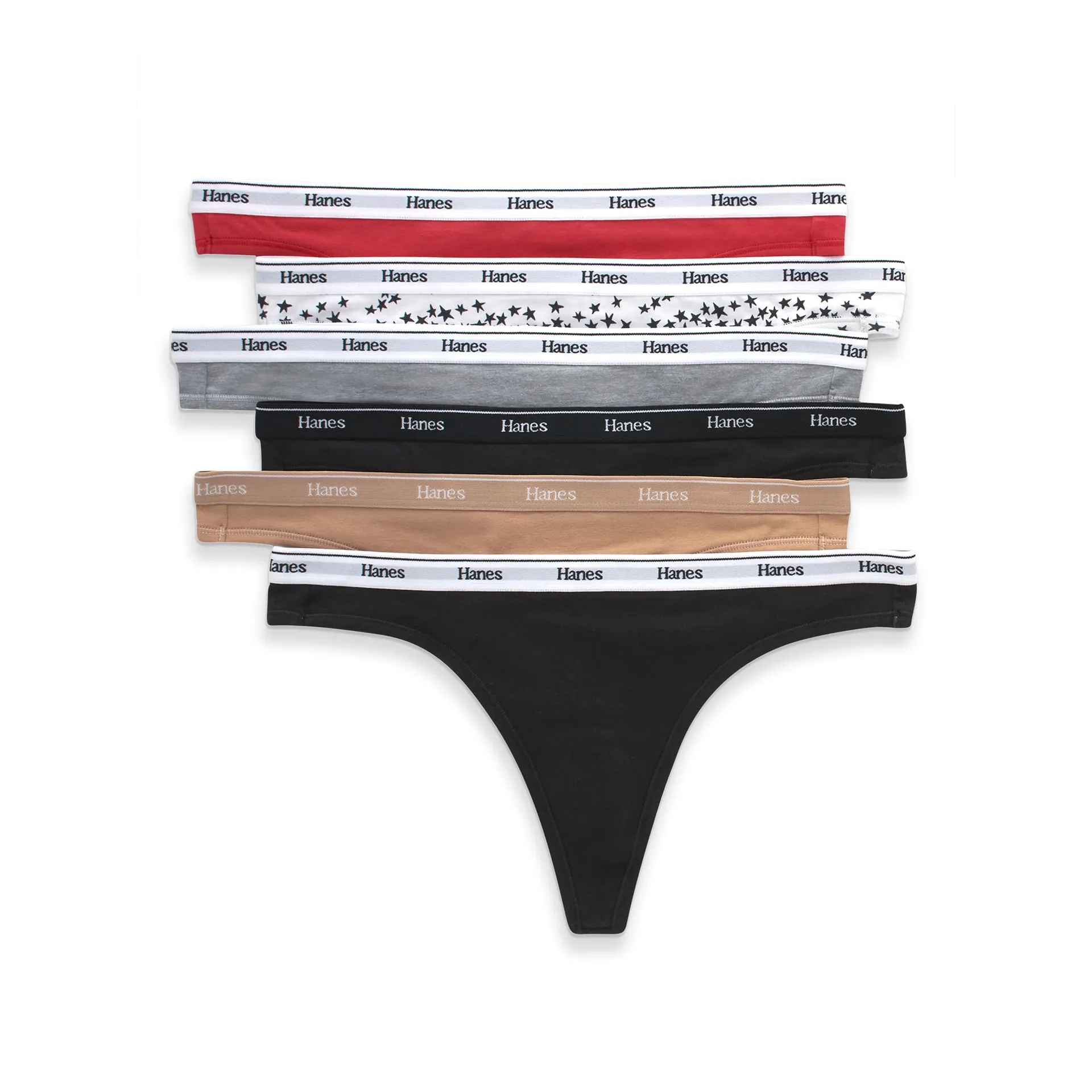 Hanes Originals Women's Thong Underwear | Breathable Cotton Stretch | 6-Pack | L | Red; Star Print; Concrete Heather; Black; Deep Glow; Black