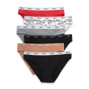 Hanes Womens Underwear 6-Pack | Stretch Cotton Panties | Breathable Underwear for Women | M | Basic Color Mix | Red; Star Print; Concrete Heather; Black; Deep Glow; Black