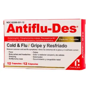 Antiflu-Des Cold & Flu | Symptoms Relief | Fever Reducer | 12 Caps | Box