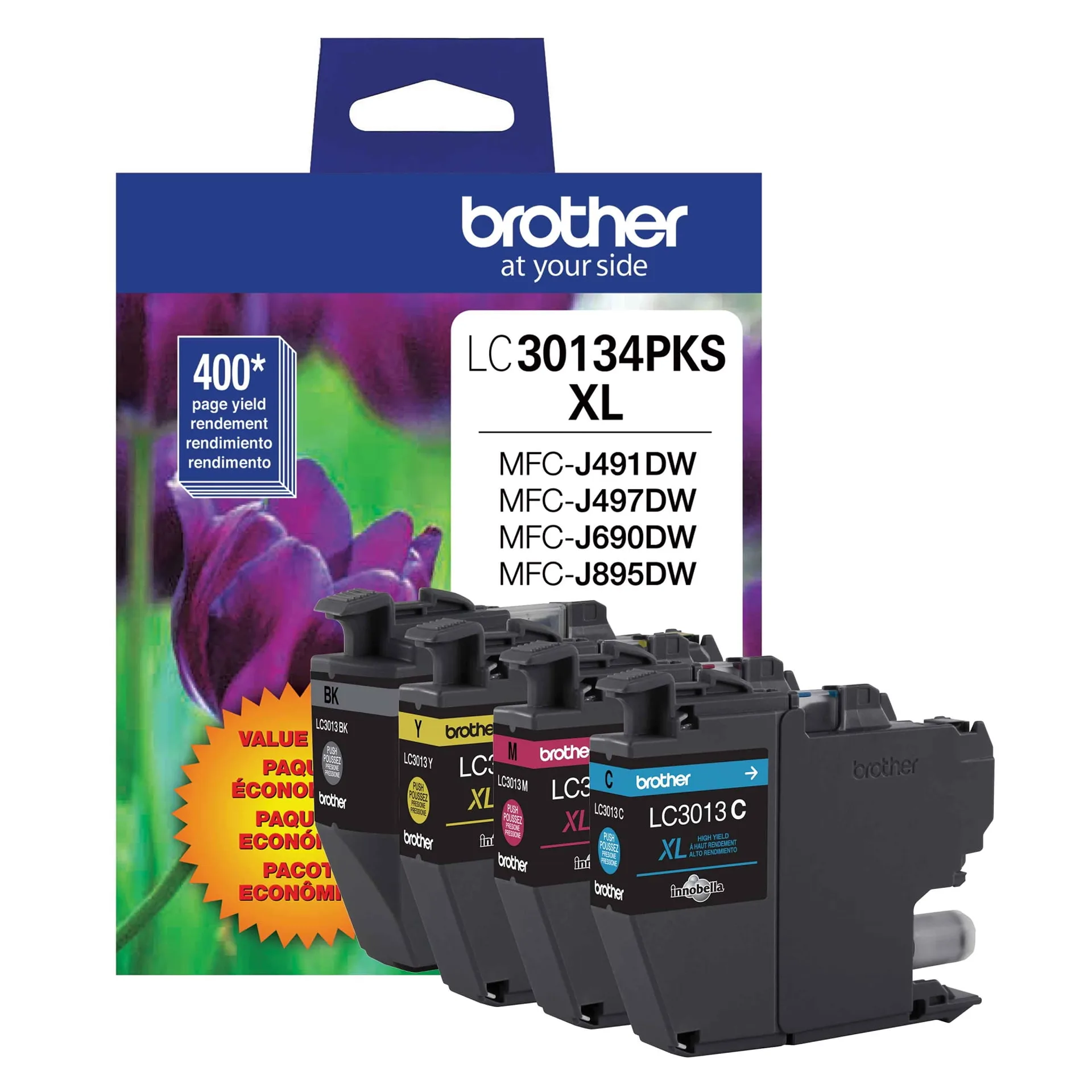 Brother LC3013 High-Yield Multi-Pack Ink | Black/Cyan/Magenta/Yellow | Pack Of 4 Cartridges | LC30134PKS