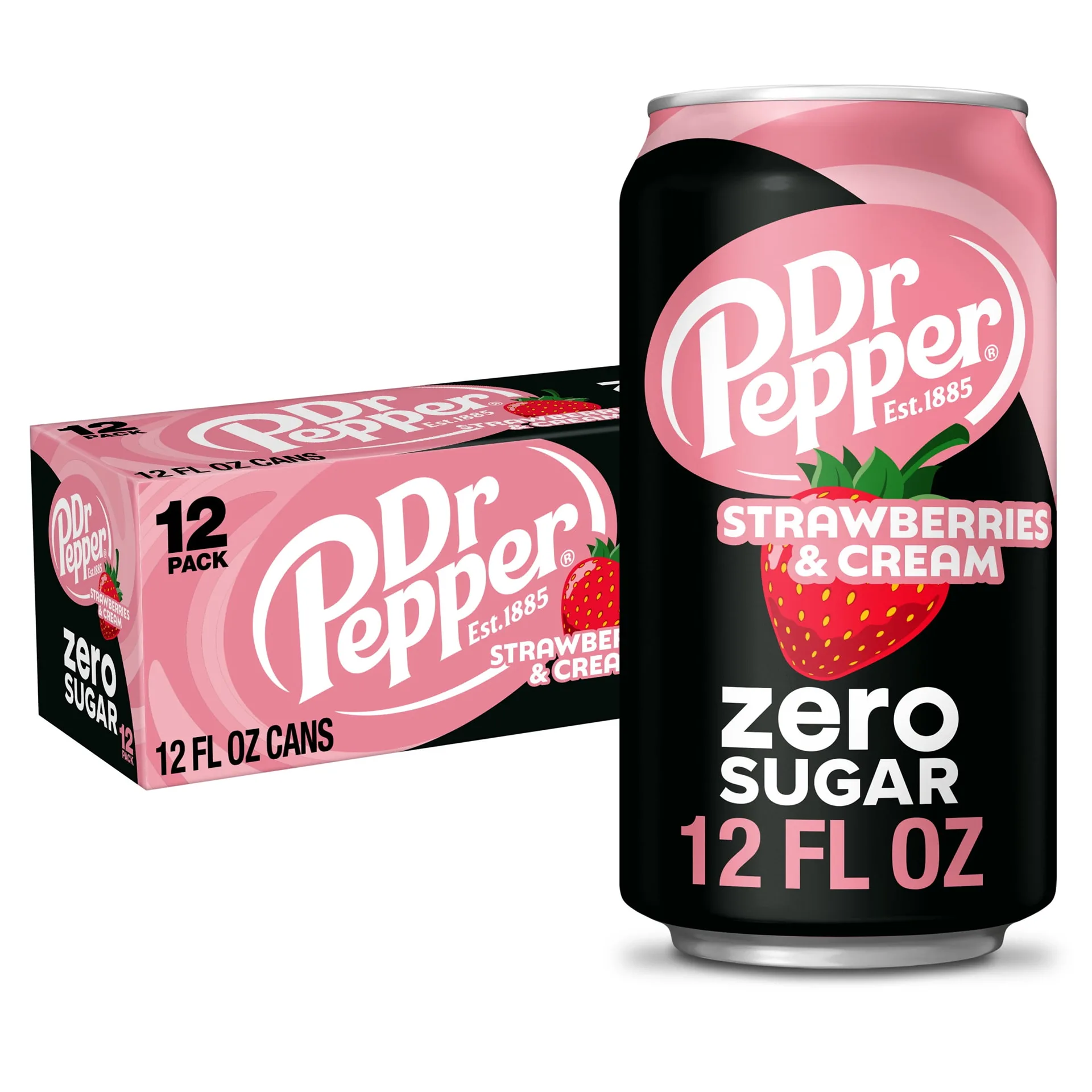 Dr Pepper Zero Sugar Strawberries & Cream Soda Pop | 12 fl Ounce | 12 Pack Cans | Single