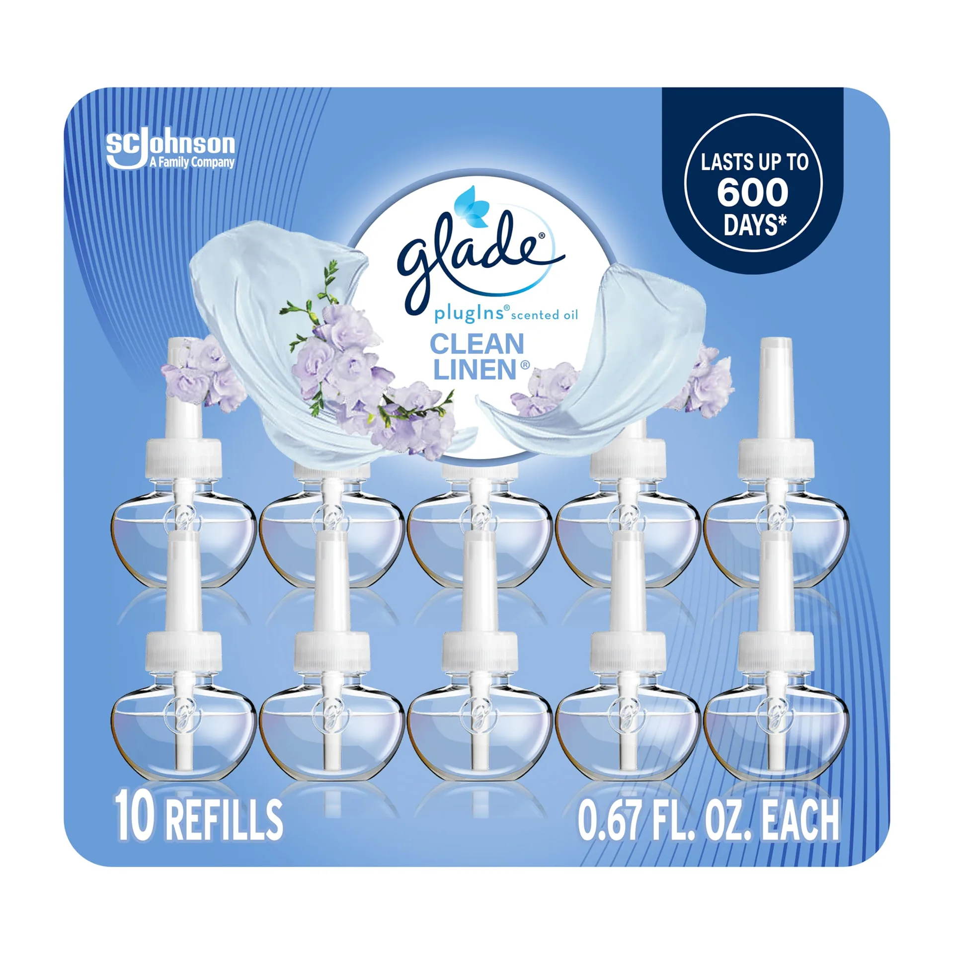Glade PlugIns Refills Air Freshener | Scented & Essential Oils for Home & Bathroom | Clean Linen | 6.7 Fl Ounce | 10 Count (Packaging May Vary)
