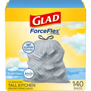 Glad ForceFlex Tall Kitchen Drawstring Trash Bags | 13 Gallon | Fresh Clean with Febreze Freshness | 140 Bags