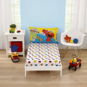 Sesame Street Come & Play 4 Piece Toddler Bedding Set | Blue | Green | Comforter | Fitted Sheet | Top Sheet | Pillowcase