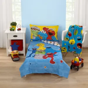 Awesome Buds Elmo/Cookie 4 Piece Toddler Bed Set | Blue/Red/Green | 4 Piece Set