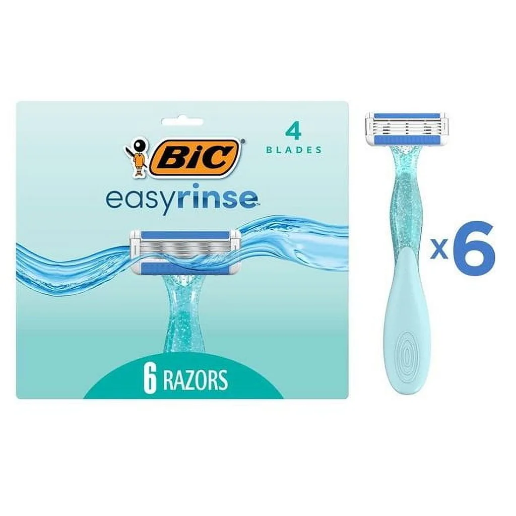 BIC EasyRinse Anti-Clogging Women's Disposable Razors | 4 Blades | All Skin Types | 6 Count