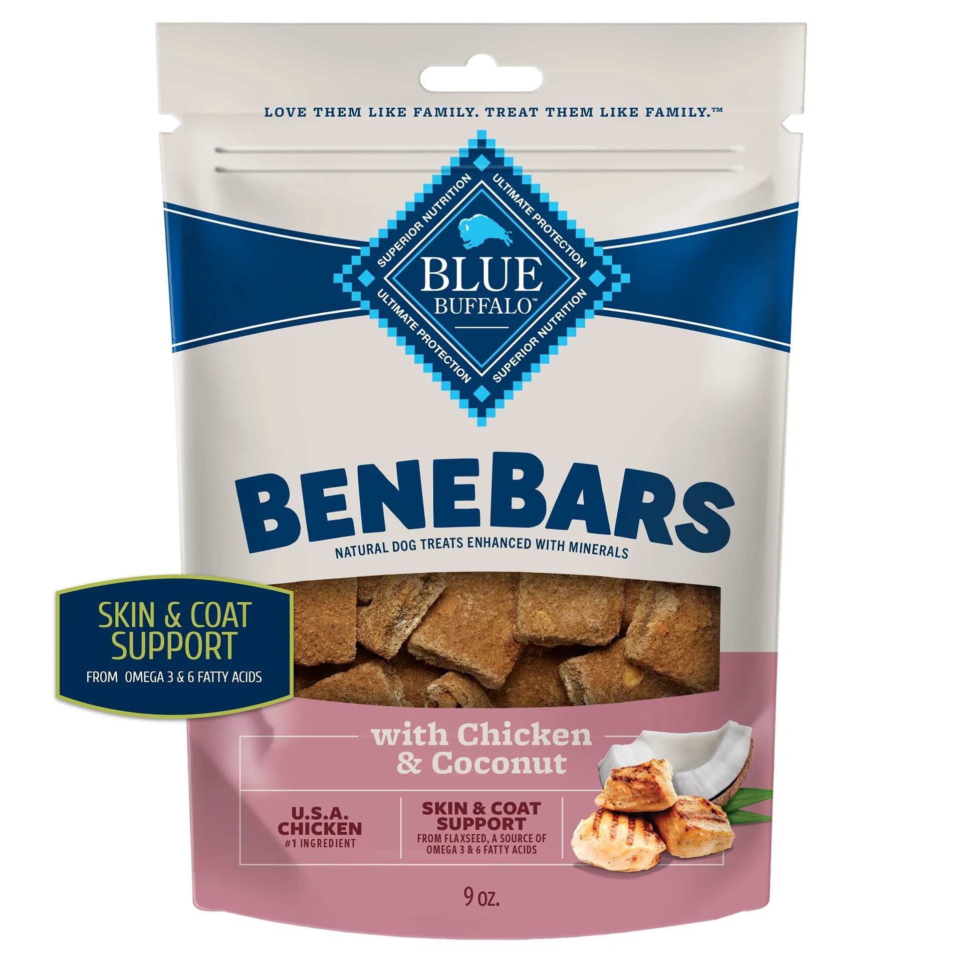 Blue Buffalo BeneBars Skin and Coat Support Dog Treats with Omega 3 and 6 | Chicken and Coconut | 9-Ounce