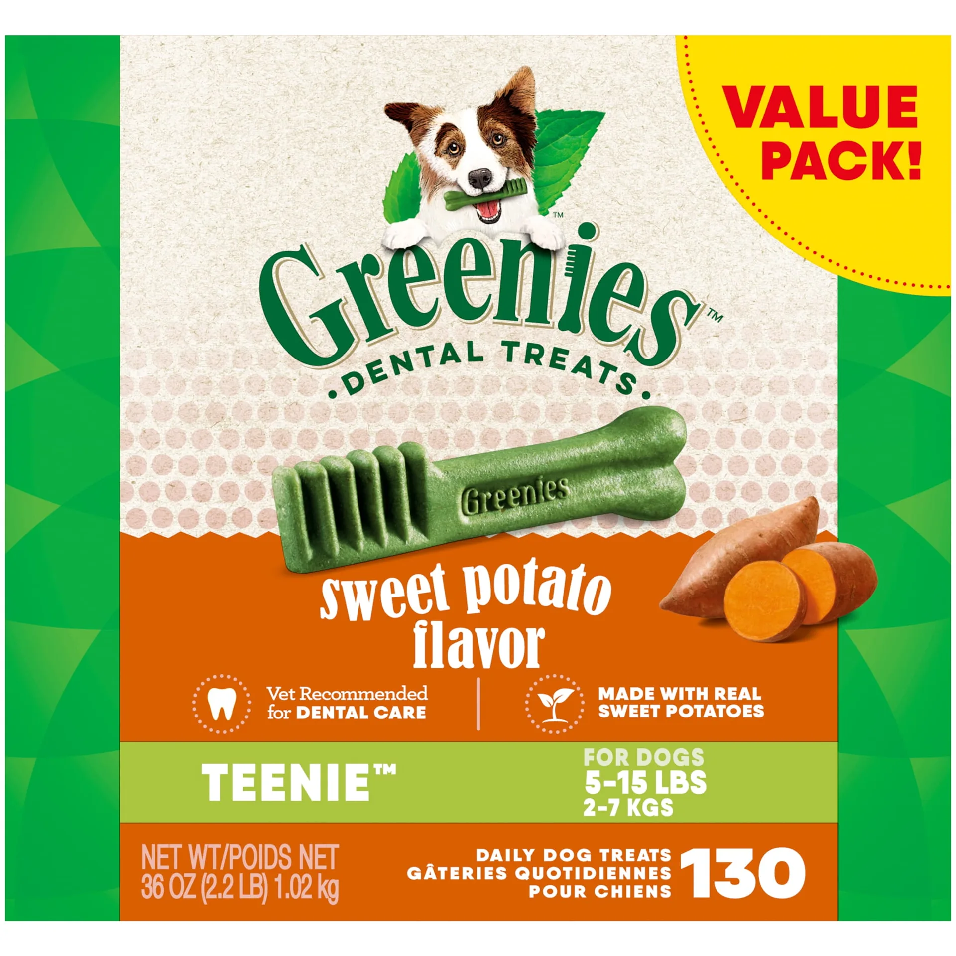 Greenies Regular Natural Dog Dental Treats | Sweet Potato Flavor | 36 Ounce Pack (36 Treats)