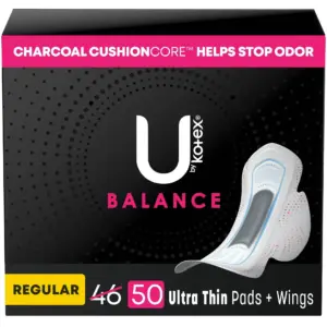 U by Kotex Balance Ultra Thin Pads with Wings | Regular Absorbency | 50 Count (4Packs) | Regular Absorbency (4Packs)