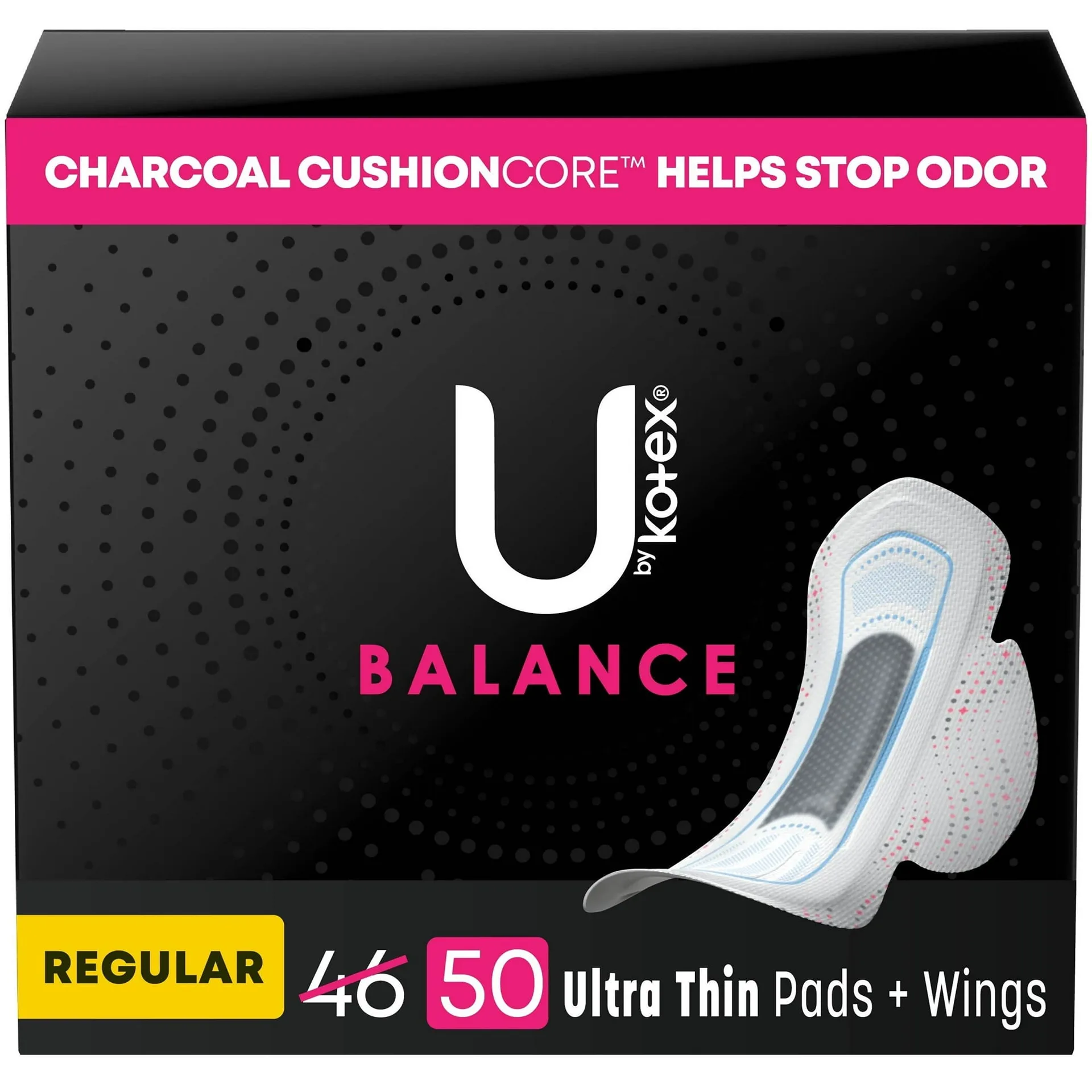 U by Kotex Balance Ultra Thin Pads with Wings | Regular Absorbency | 50 Count | One Size
