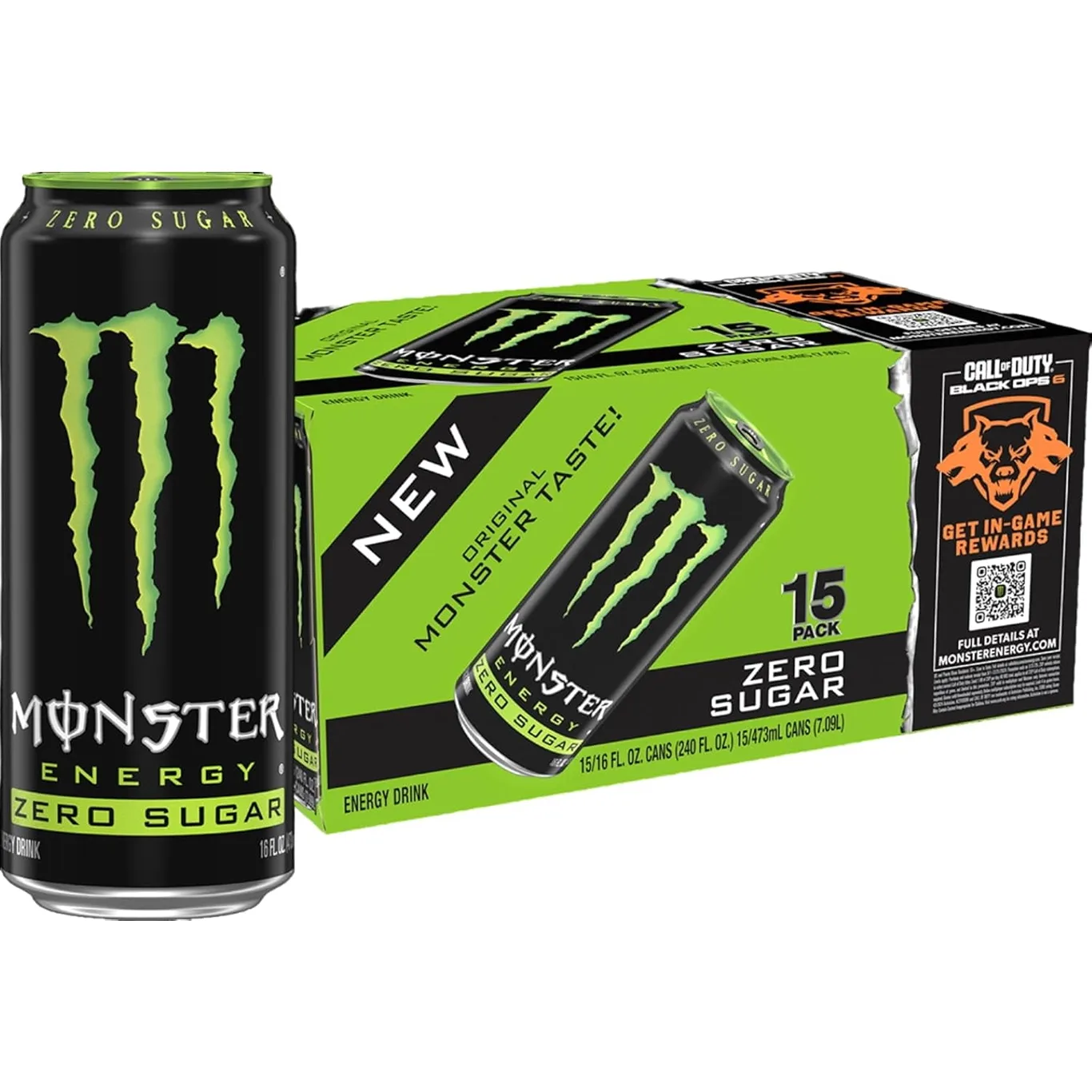 Monster Energy Zero Sugar | Green | Original | Low Calorie Energy Drink | 16 ounce (Pack of 15)