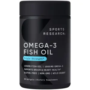 Sports Research Omega 3 Fish Oil Supplement | Triple Strength 1250mg Omega 3 Fatty Acids | 120 Softgels