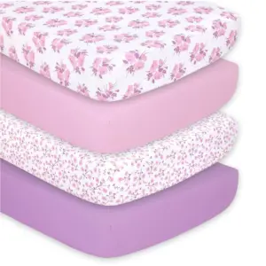The Peanutshell Fitted Crib Sheets for Baby Girls | 4 Pack Set | Purple Floral