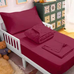 Ntbay 4 Piece Microfiber Toddler Bedding Set | Ultra Soft & Breathable Crib Sheet Set | Includes Quilted Comforter | Fitted Sheet | Flat Top Sheet & Envelope Pillowcase | Wine Red