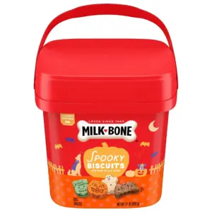 Milk Bone Halloween Dog Treats | Spooky Biscuits | Crunchy | Green Monster | Orange Pumpkin | White Ghost | Brown Bat | 24oz Pail