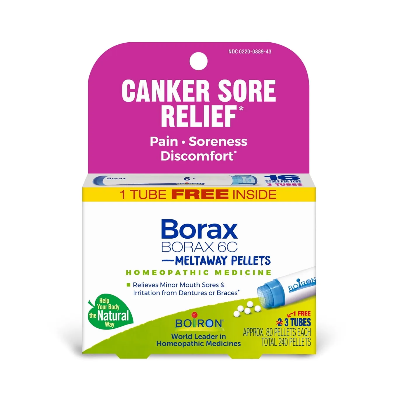 Boiron Borax 6C Bonus Pack | Homeopathic Medicine for Canker Sore Relief | Pain | Soreness | Discomfort | 240 Pellets | 3 | 1 | 80