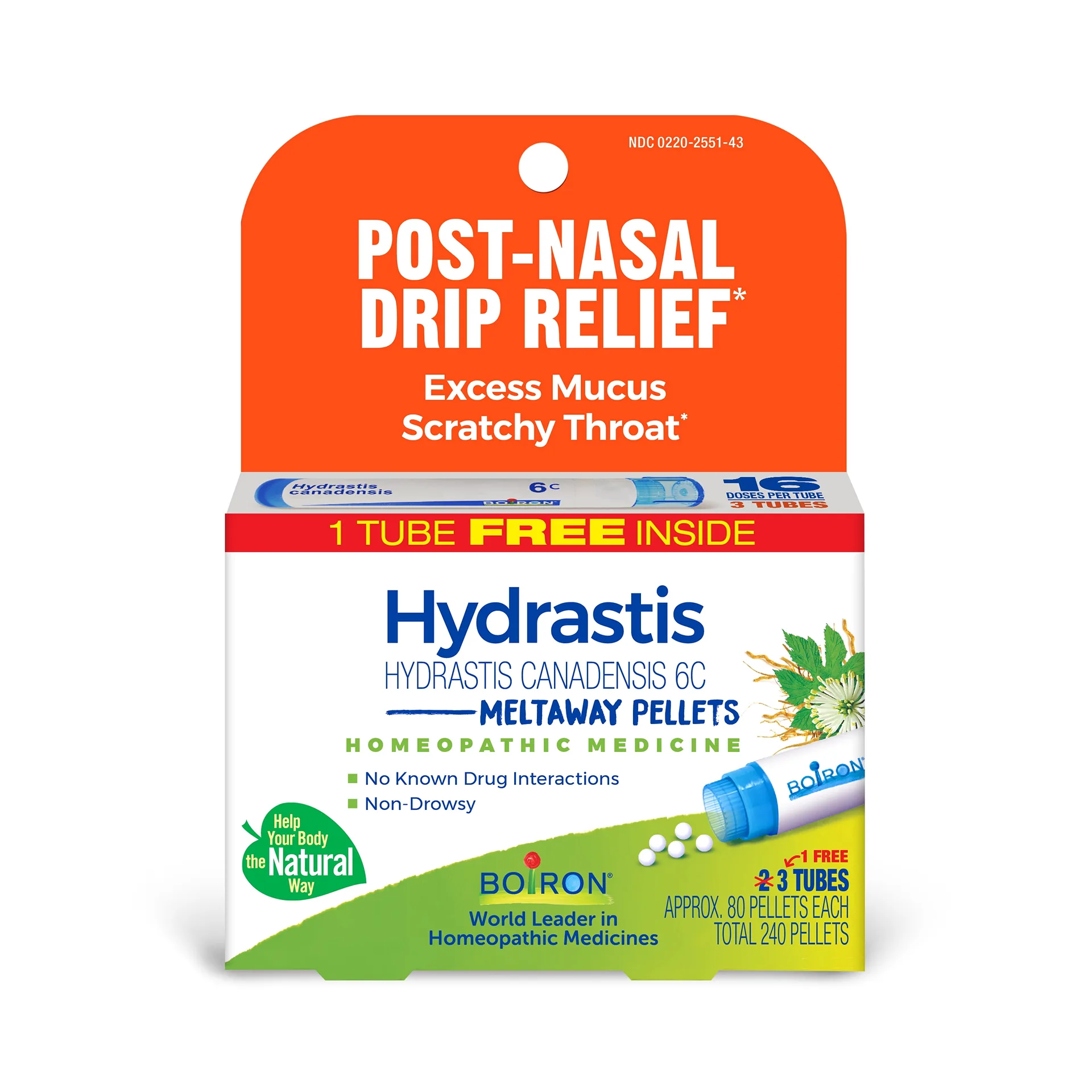 Boiron Hydrastis Canadensis 6C Bonus Pack | Homeopathic Medicine for Post-Nasal Drip Relief | Excess Mucus | Scratchy Throat | 240 Pellets