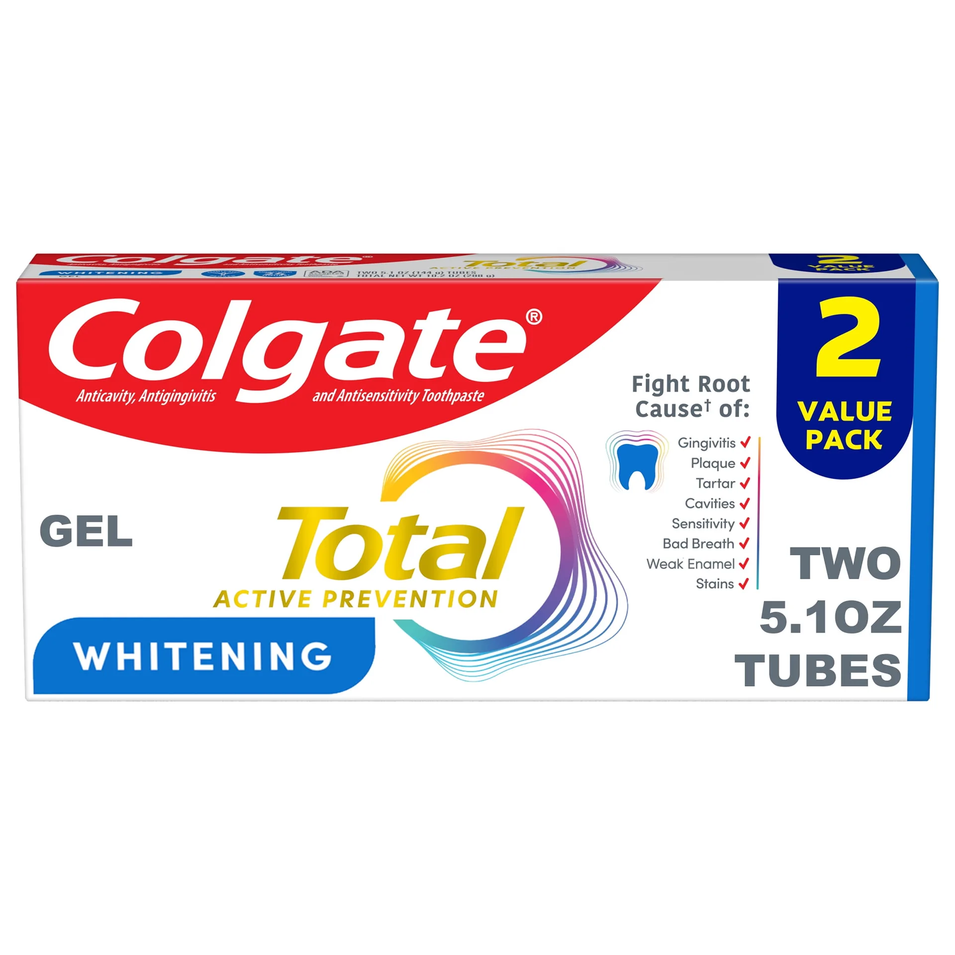 Colgate Total Active Prevention Whitening Gel Toothpaste | Mint | 2 Pack | 5.1 Ounce
