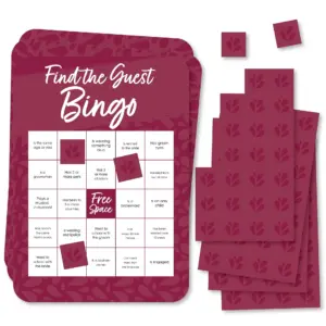 Big Dot of Happiness Burgundy Elegantly Simple | Find the Guest Bingo Cards and Markers | Wedding and Bridal Shower Bingo Game Set of 18