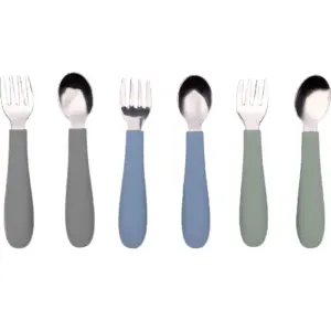 WeeSprout Toddler Utensils | 3 Forks and 3 Spoons | 18/8 Stainless Steel and Food Grade Silicone | Matte Dark Gray | Blue | Green