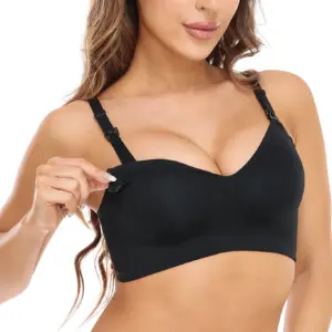 Momcozy Nursing Bras for Breastfeeding | Seamless Ultra Comfort Maternity Bra | Natural Shape | Pregnancy Sleep Bralette | Black | 1 | Large
