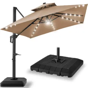 Best Choice Products 10x10ft 2-Tier Square Outdoor Solar LED Cantilever Patio Umbrella w/ Base Included | Tan