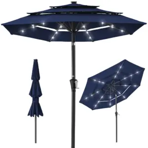 Best Choice Products 10ft 3-Tier Solar Patio Umbrella w/ 24 LED Lights | Tilt Adjustment | Easy Crank | Navy