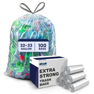 Plasticplace 32-33 Gallon Drawstring Clear Trash Bags | 0.9 Mil Garbage Can Liners | 100 Count