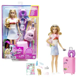 Barbie Doll and Accessories | 'Malibu' Travel Set with Puppy and Working Suitcase | 10+ Pieces