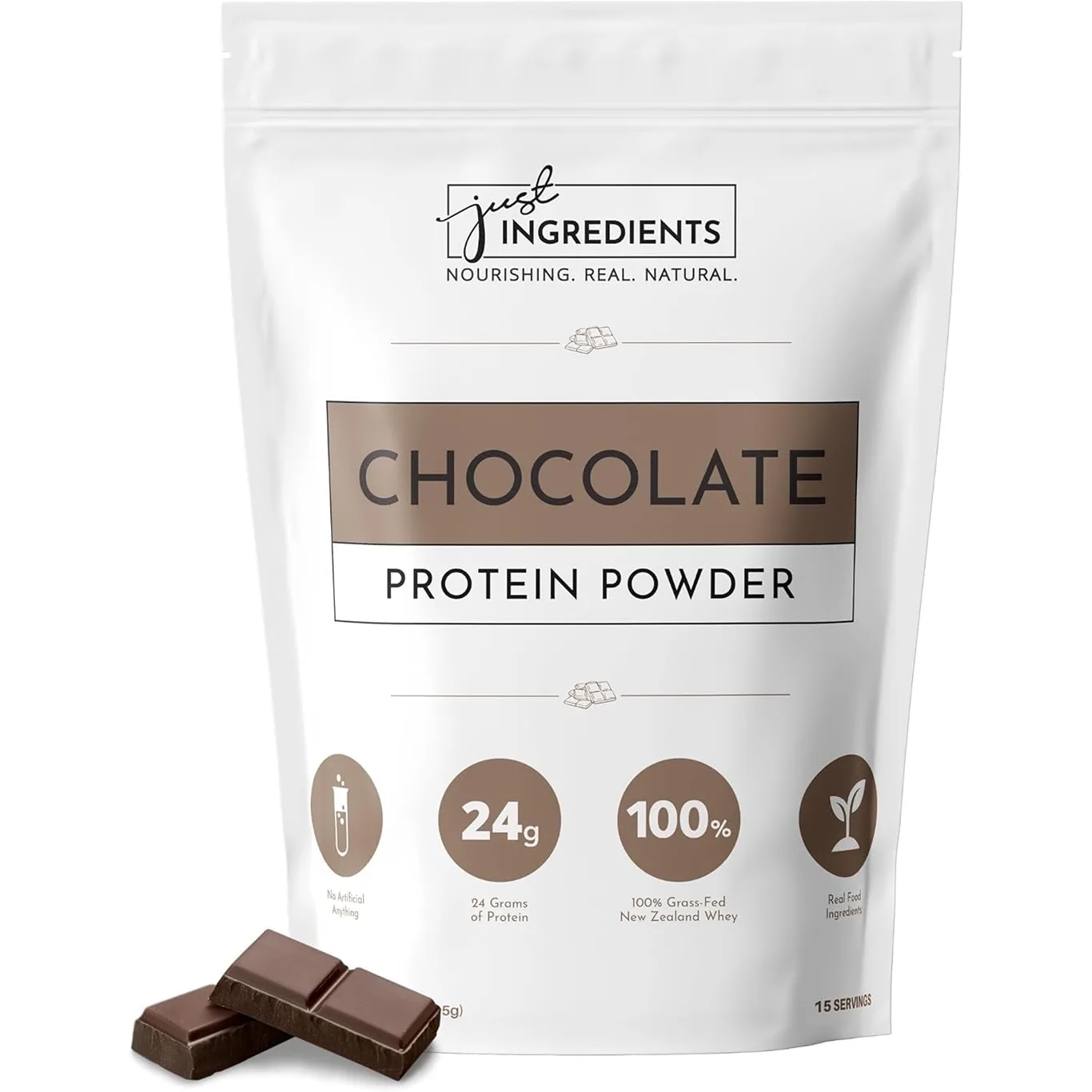 JUST INGREDIENTS Protein Powder | 15 Servings | 24g Protein | Chocolate Flavor Made with 100% Grass-Fed | Non-Denatured Whey | Five Different Sources from Organic Whole Food Ingredients