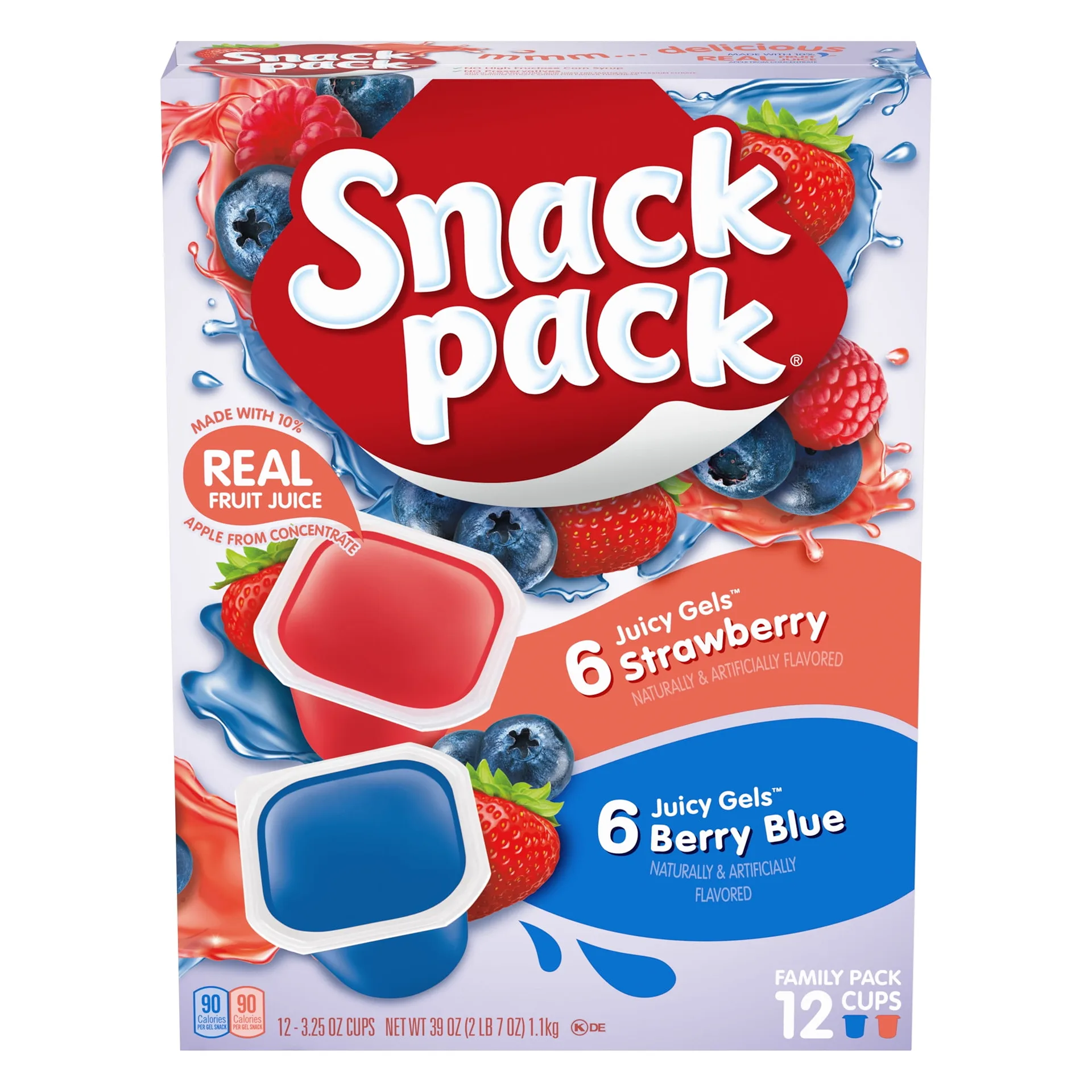 Snack Pack Strawberry Flavored & Berry Blue Flavored Juicy Gels | Lunchbox Snack | 3.25 Ounce Snack Cups | 12 Count Family Pack | Single