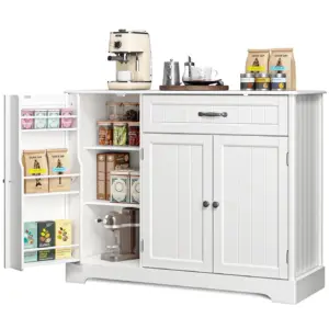 Compact Coffee Bar with Adjustable Shelves，Asofer 3-Doors and 3-Drawers Kitchen Storage Cabinet | Wooden Sideboard，for Kitchen，Dining Room | White