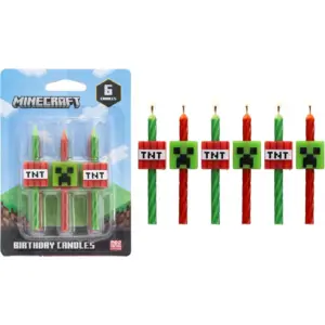 Minecraft Birthday Cake Candles | 6 Birthday Candles for Cake Decorations | Red and Green Striped Candles | Cake Toppers for Minecraft Party