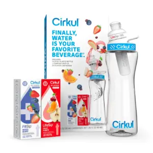 Cirkul 22 Ounce Plastic Water Bottle Starter Kit with Blue Lid and 2 Flavor Cartridges (Fruit Punch and Mixed Berry)