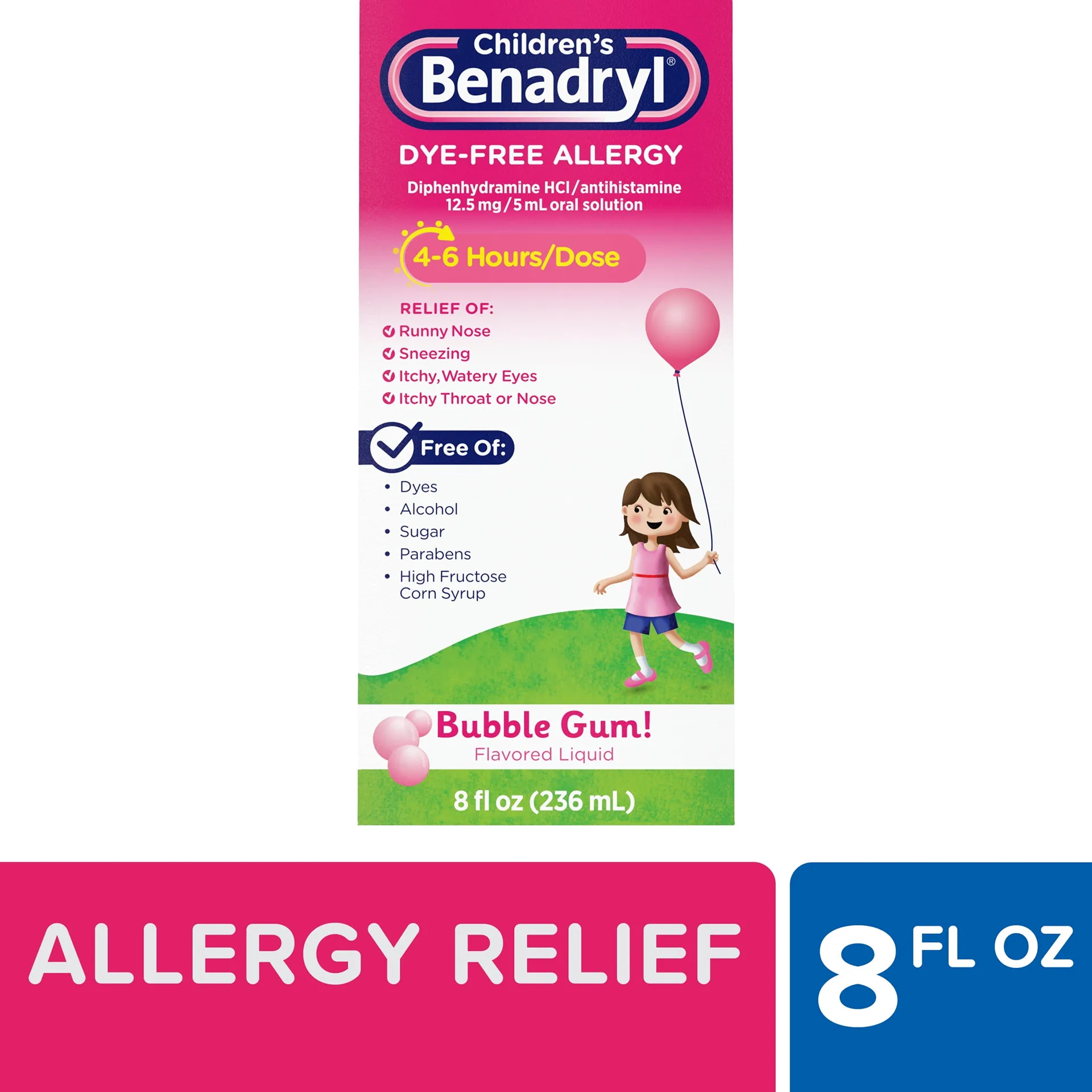 Children's Benadryl Dye-Free Allergy Liquid | Bubble Gum | 8 fl. Ounce | 8 fl Ounce