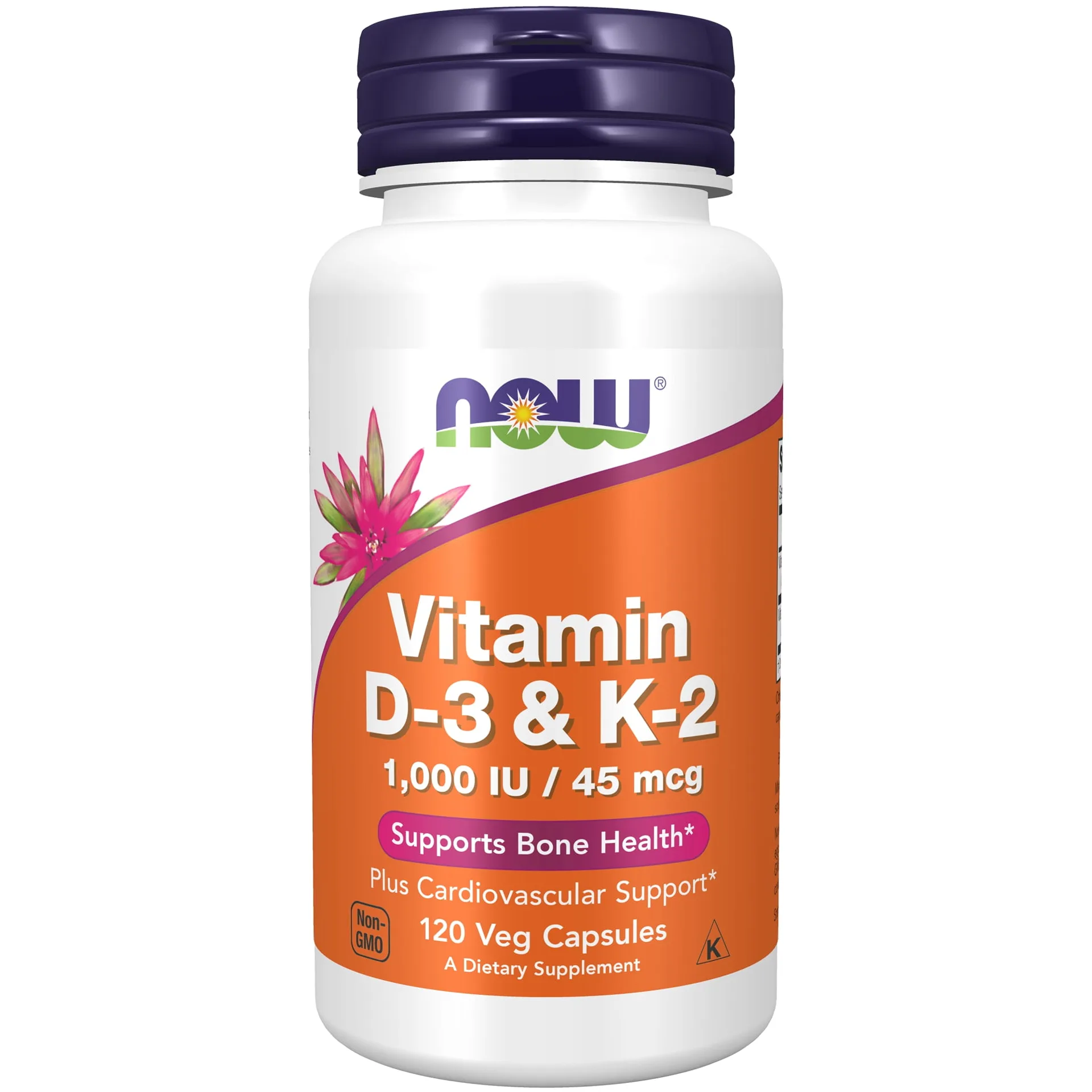 NOW Supplements | Vitamin D-3 and K-2 | 1,000 IU/45 mcg | Plus Cardiovascular Support | Supports Bone Health | 120 Veg Capsules