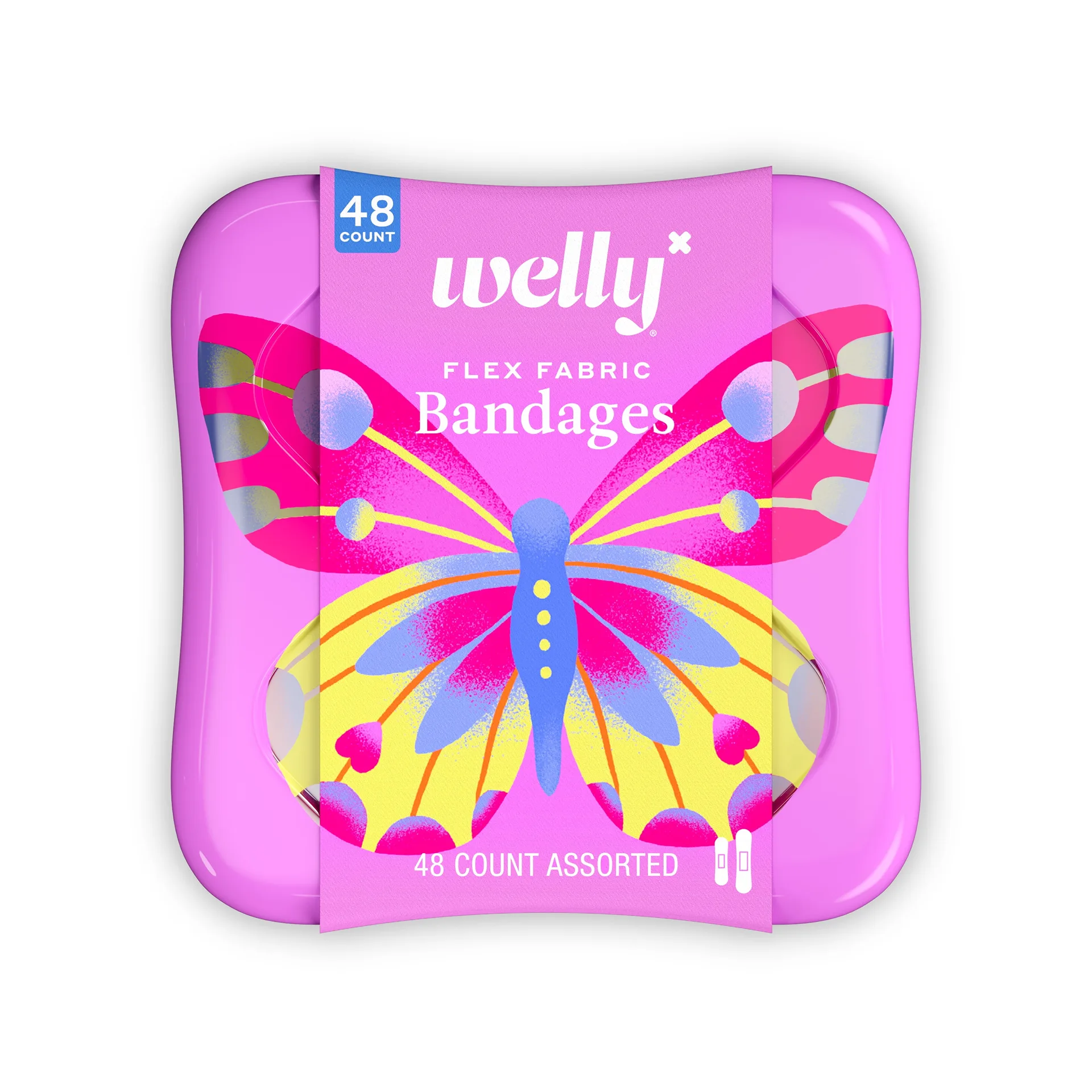 Welly Flex Fabric Bandages | Butterfly Pattern Bravery Badges for Kids | Assorted Sizes | 48 Count