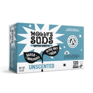 Molly's Suds Fabric Softener Dryer Sheets for Sensitive Skin | Plant-Based Static Reducer | Plastic-Free Packaging | Unscented (120 Sheets)