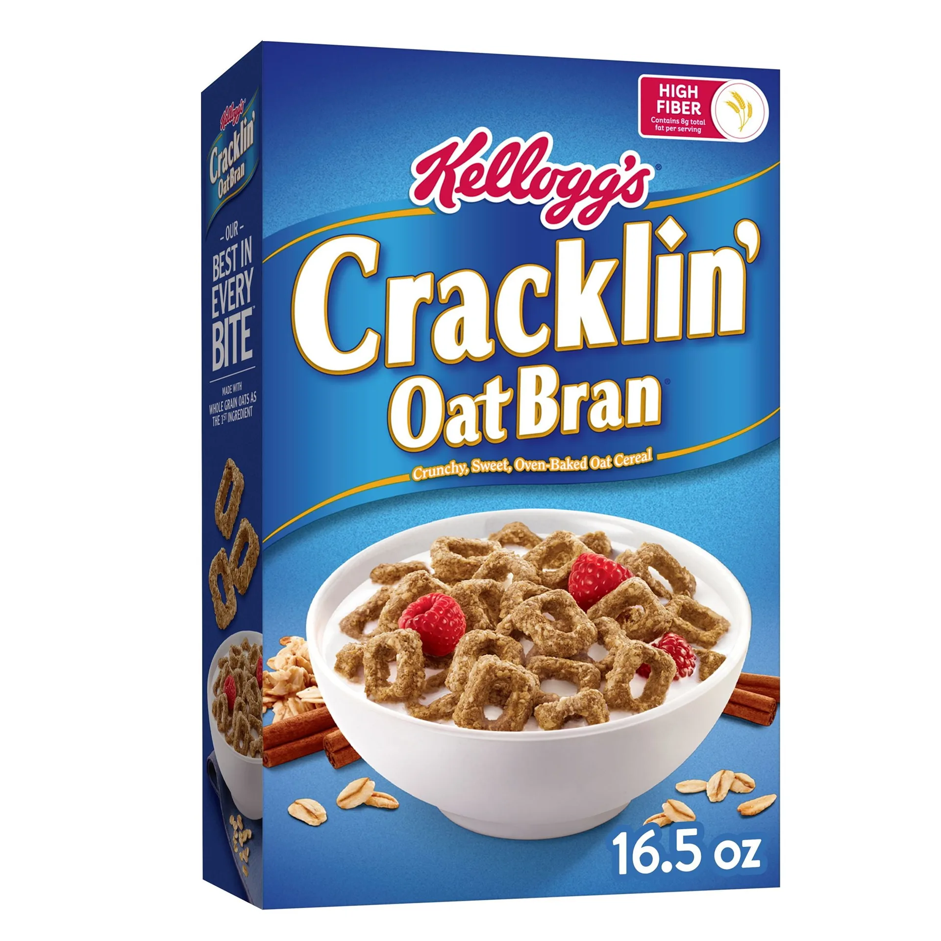 Kellogg's Cracklin' Oat Bran Breakfast Cereal | Fiber Cereal | Family Cereal | Original | 16.5oz Box (1 Box) | Single
