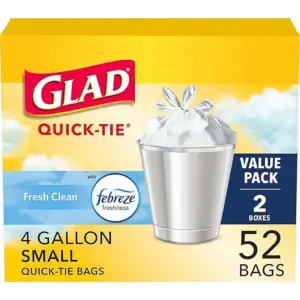 Glad OdorShield Small Quick-Tie Trash Bags | Fresh Clean Scent | 4 Gallon | 52 Ct (Package May Vary)