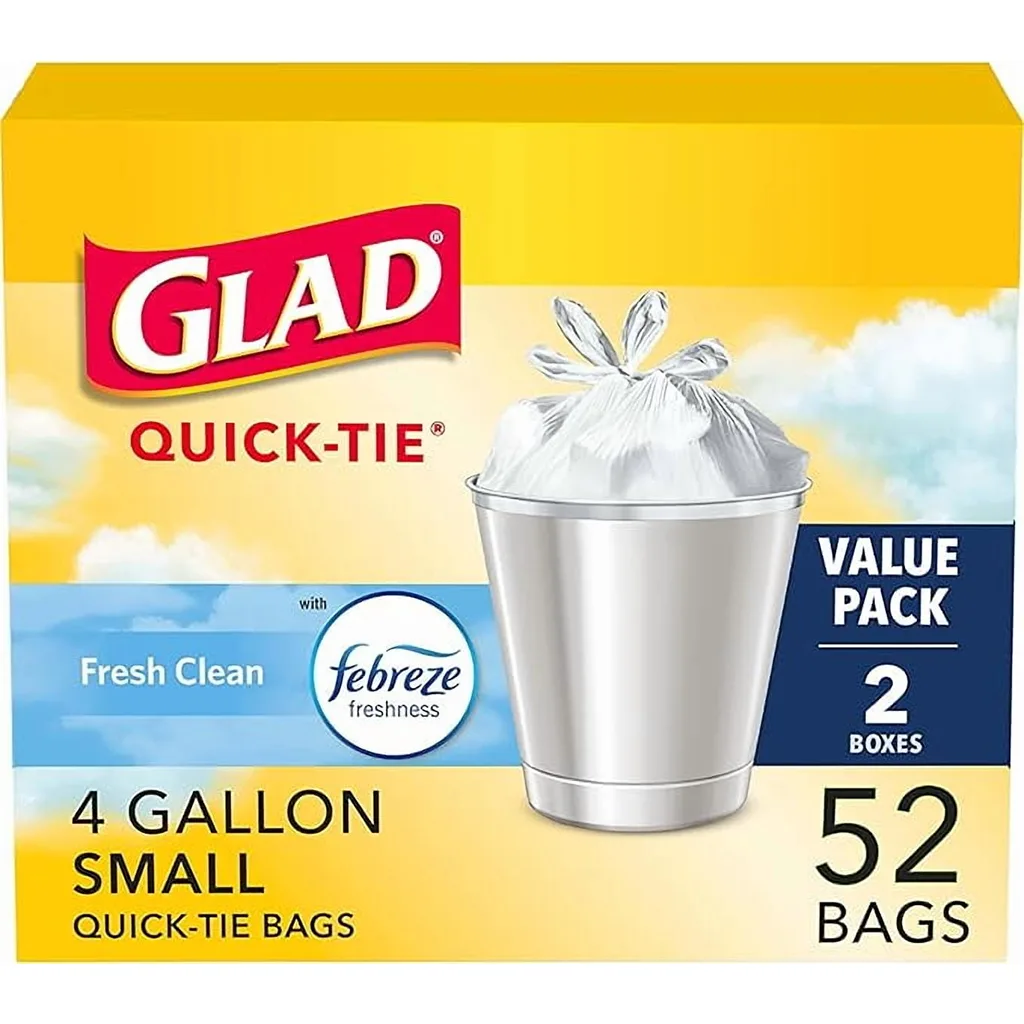 Glad OdorShield Small Quick-Tie Trash Bags | Fresh Clean Scent | 4 Gallon | 52 Ct (Package May Vary)