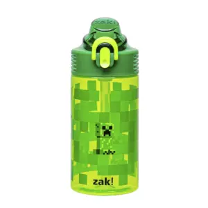 Zak Designs 16oz Minecraft Water Bottle For School or Travel | Durable Plastic Water Bottle With Straw | Handle | & Leak-Proof | Pop-Up Spout Cover (Creeper)